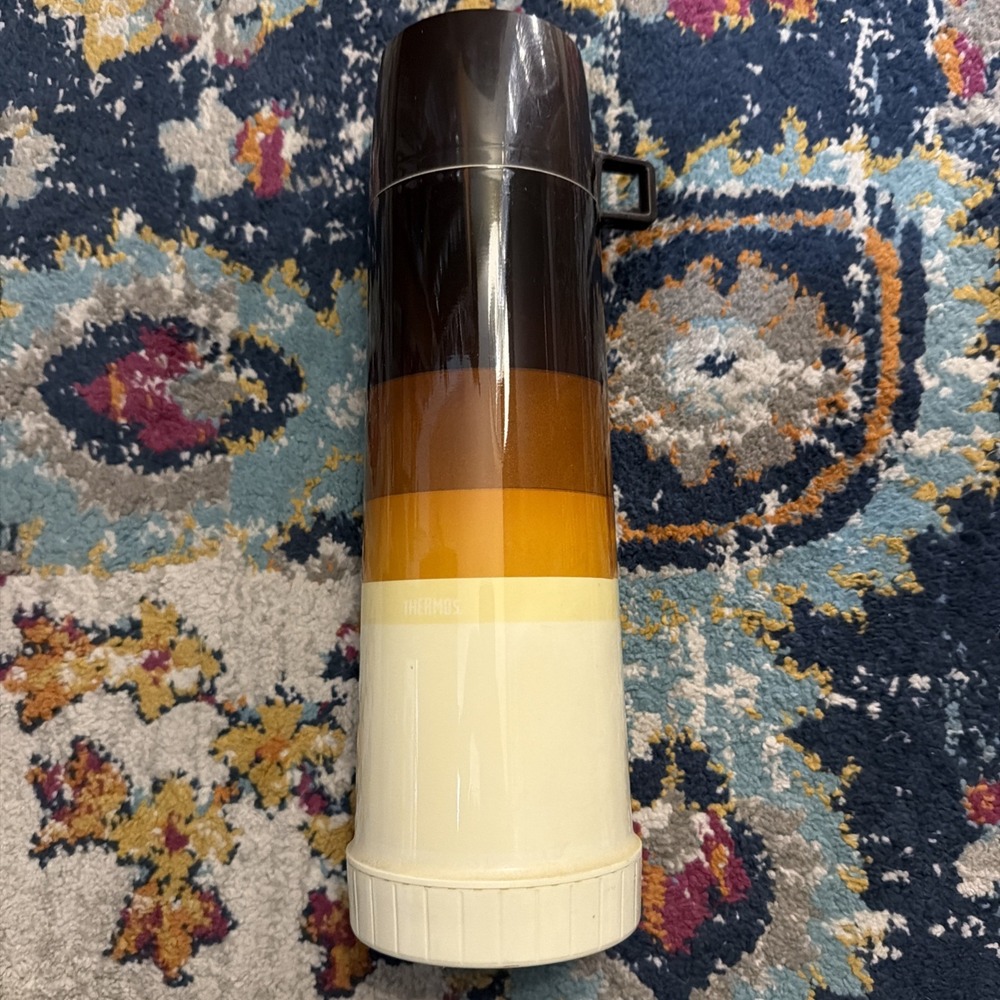 Vintage Thermos Mug Plastic Orange Brown White Gradient Retro Stripes King Seel!